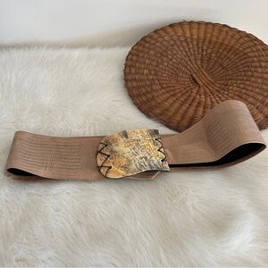 Vintage Tan Leather Belt w/ abalone Shell Buckle